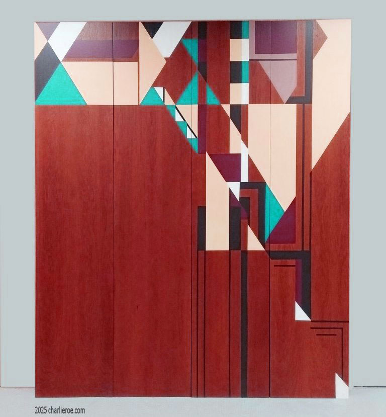 new Frank Lloyd Wright Gene Masselink Arts & Crafts Movement Prairie Mission Usonian style wood bedroom wardrobes with abstract painted door designs