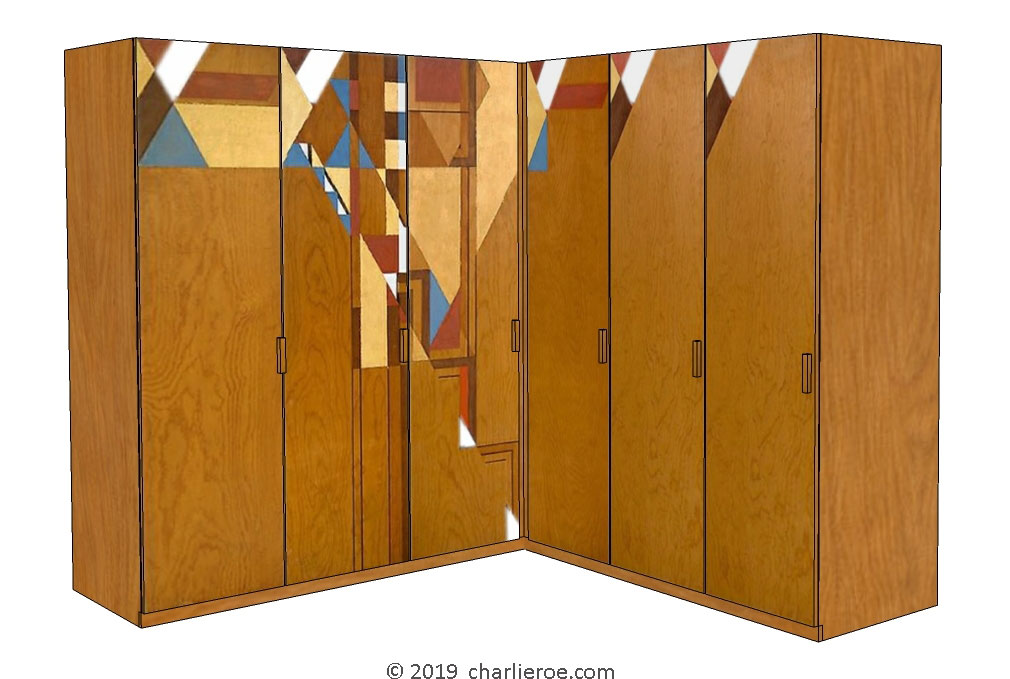 new Frank Lloyd Wright Arts & Crafts Movement Prairie Mission Usonian style wood bedroom corner wardrobes with abstract painted door designs