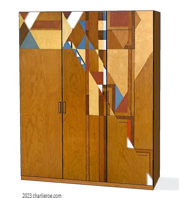 new Frank Lloyd Wright Arts & Crafts Movement Prairie Mission Usonian style wood 3 door bedroom wardrobes with abstract painted door designs