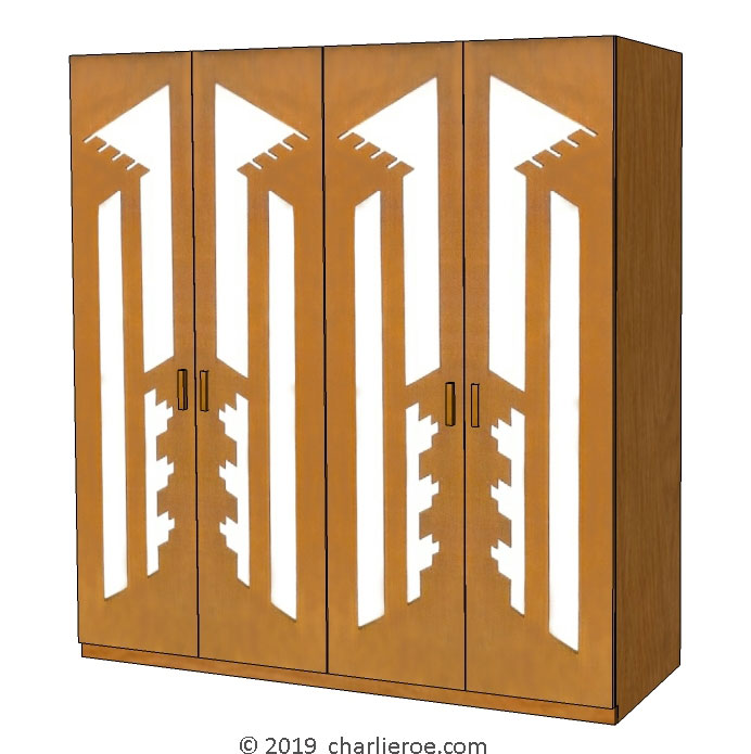 new Frank Lloyd Wright Arts & Crafts Movement wood 4 door bedroom wardrobes with Usonian style perforated door cut-outs