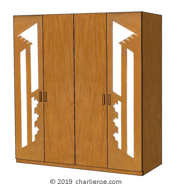 new Frank Lloyd Wright Arts & Crafts Movement wood 4 door bedroom wardrobes with Usonian style perforated door cut-outs