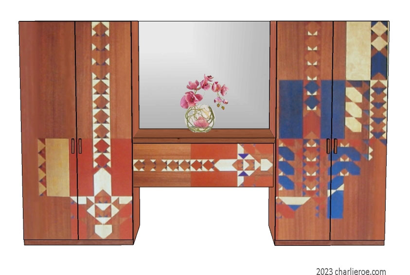 new Frank Lloyd Wright Arts & Crafts Movement pair of 2 door bedroom wardrobes with console table in between, with Gene Masselink decorative geometric designs on wood