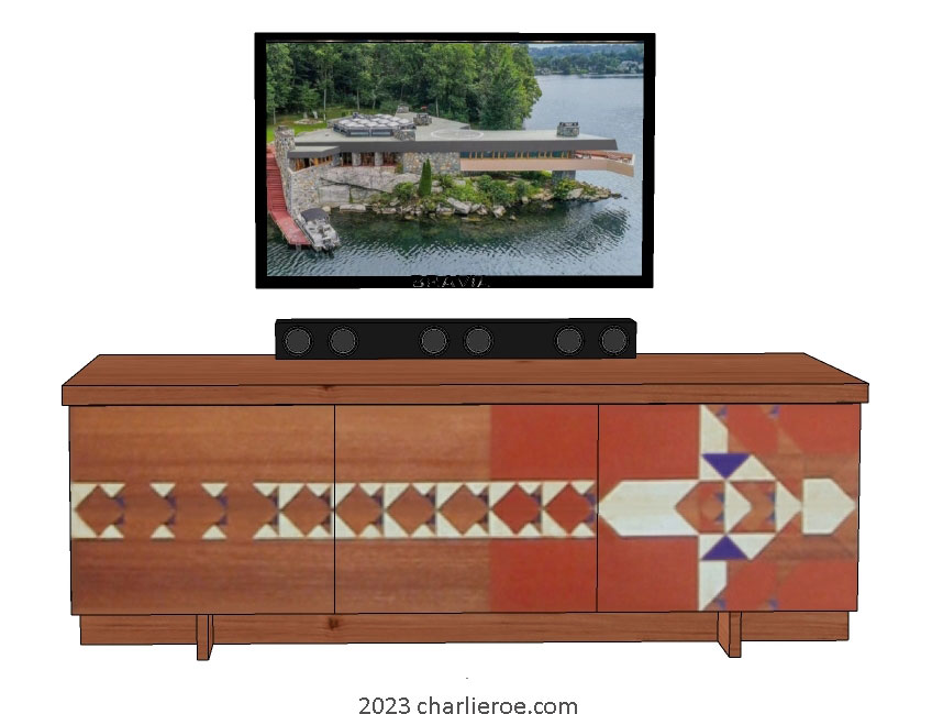 new Frank Lloyd Wright Arts & Crafts Movement 3 door sideboard with with Gene Masselink decorative geometric designs on wood