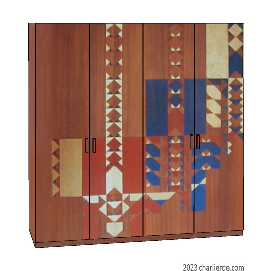 new Frank Lloyd Wright Arts & Crafts Movement 4 door bedroom wardrobes with Gene Masselink decorative geometric designs on wood