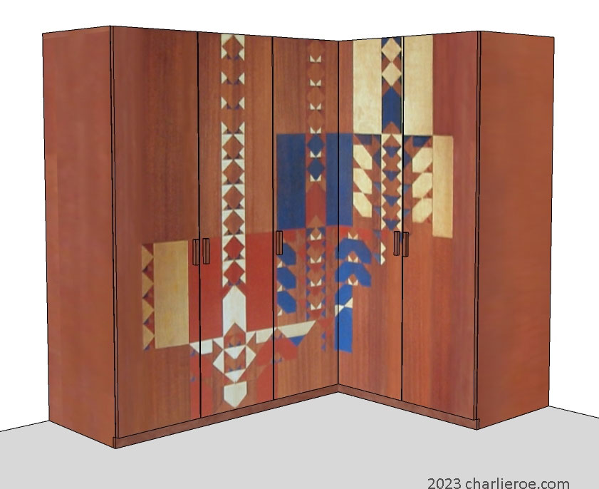 new Frank Lloyd Wright Arts & Crafts Movement 5 door corner bedroom wardrobes with Gene Masselink decorative geometric designs on wood