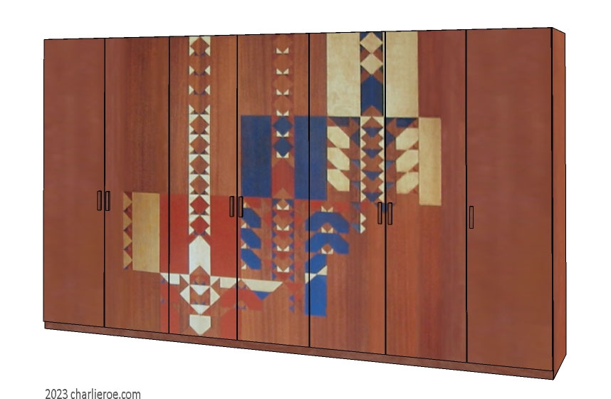 new Frank Lloyd Wright Arts & Crafts Movement 7 door bedroom wardrobes with Gene Masselink decorative geometric designs on wood