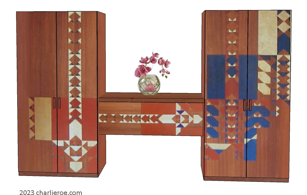 new Frank Lloyd Wright Arts & Crafts Movement pair of 2 door bedroom wardrobes with console table in between, with Gene Masselink decorative geometric designs on wood