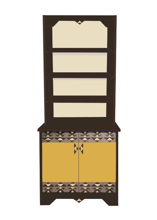 New Frank Lloyd Wright Mayan style painted 2 door bookcase with Mayan designs on the doors