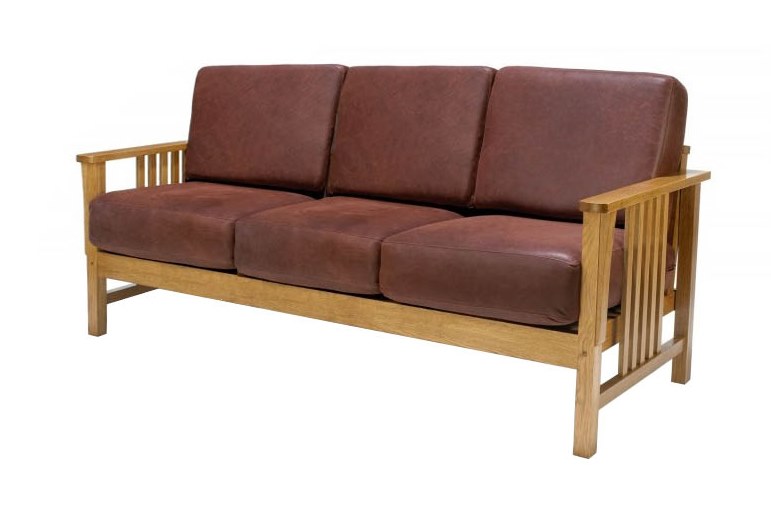 New Arts & Crafts Movement Frank Lloyd Wright Mission Prairie style oak 3 seater sofa with leather cushions