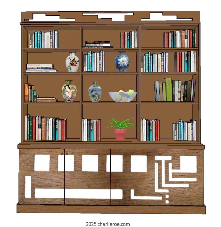 new Frank Lloyd Wright Prairie style Arts & Crafts Movement oak bookcase with perforated doors design