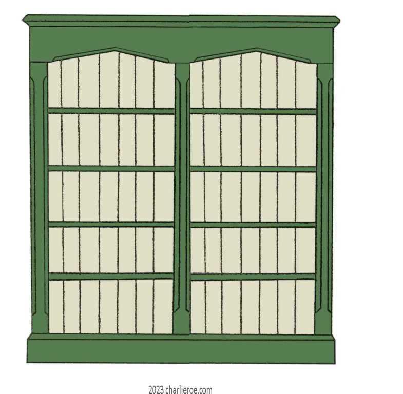 new William Wm Morris & Co Arts & Crafts Movement Gothic style 2 bay bay green painted bookcase