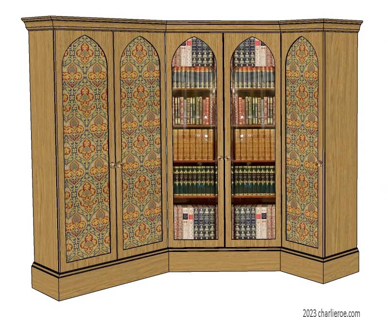 new William Wm Morris & Co Arts & Crafts Movement Gothic style 5 door painted corner bookcase