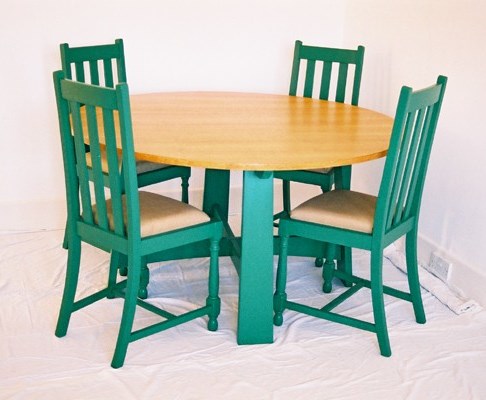 new Arts & Crafts Movement green painted dining chairs & table with oak top