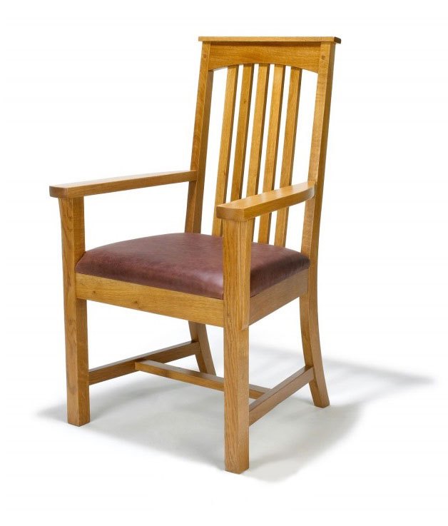 New Arts & Crafts Movement Frank Lloyd Wright Mission Prairie style oak carver chair with leather seat cushion