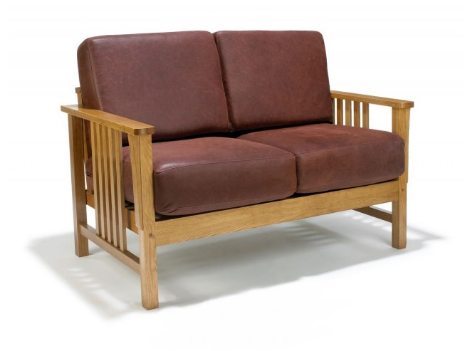 New Arts & Crafts Movement Frank Lloyd Wright Mission Prairie style oak 2 seater sofa with leather cushions