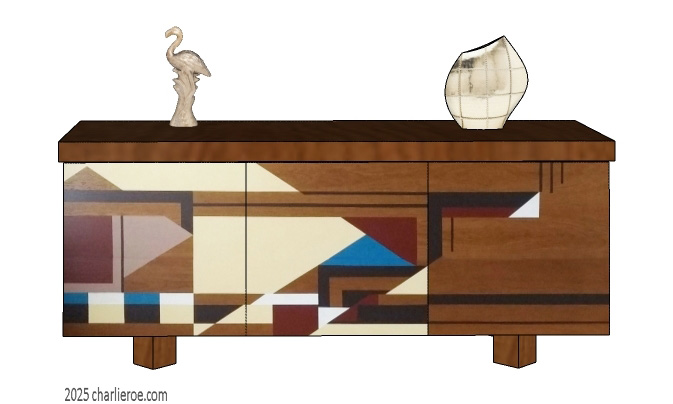 New Frank Lloyd Wright & Gene Masselink Arts & Crafts Movement 3 door sideboard, cabinet or TV stand in a wood finish with painted geometric designs