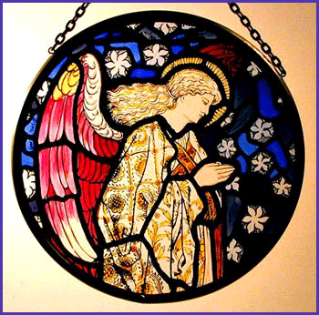 Wm Morris Arts & Crafts Movement Angel stainded glass roundel for a bathroom window