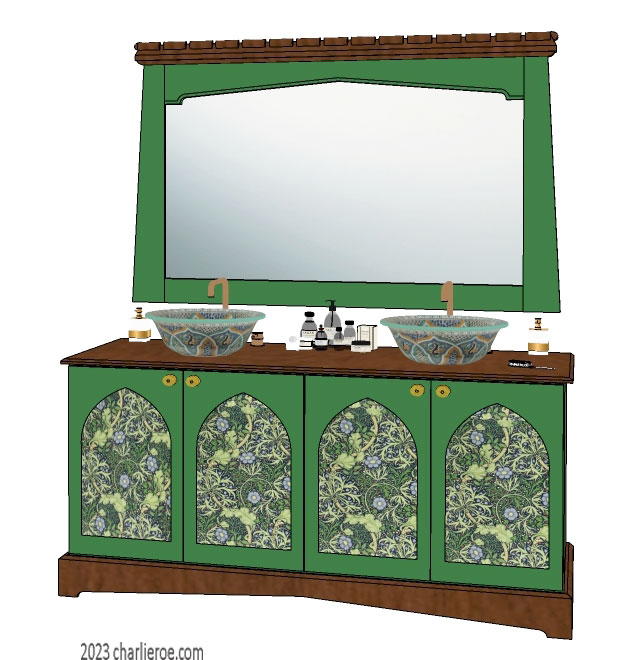 New Wm William Morris Arts & Crafts Movement style painted & wood bathroom 4 door vanity unit & wall mirror