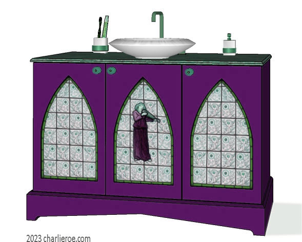 New Wm William Morris Arts & Crafts Movement style painted & wood bathroom 3 door vanity unit