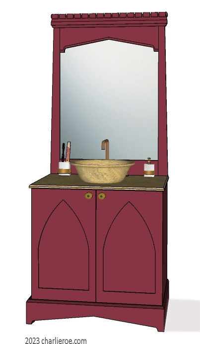 New Wm William Morris Arts & Crafts Movement style painted & wood bathroom 2 door vanity unit & wall mirror