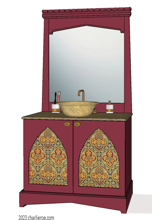 New Wm William Morris Arts & Crafts Movement style painted & wood bathroom 2 door vanity unit & wall mirror