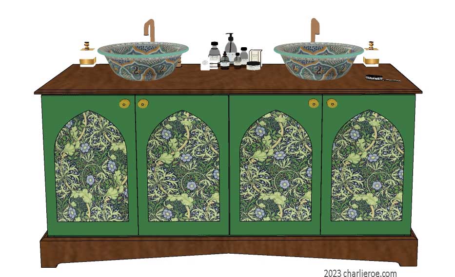 New Wm William Morris Arts & Crafts Movement style painted & wood bathroom 4 door vanity unit