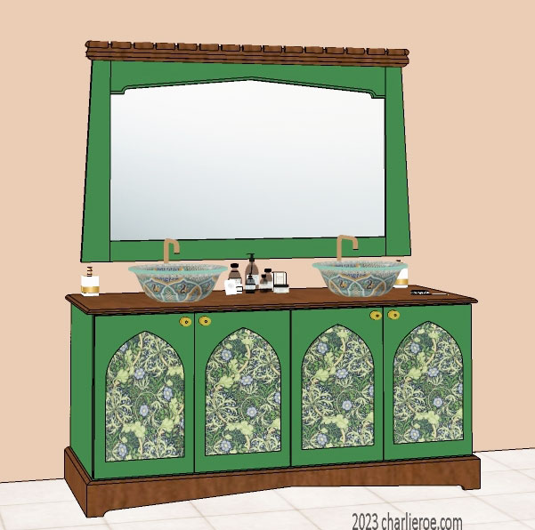 New Wm William Morris Arts & Crafts Movement style painted & wood bathroom 4 door vanity unit & wall mirror