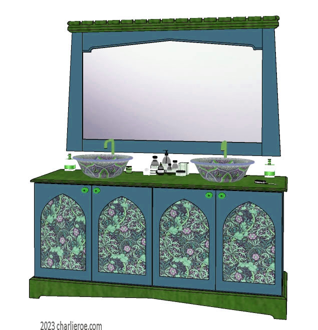 New Wm William Morris Arts & Crafts Movement style painted & wood bathroom 4 door vanity unit & wall mirror