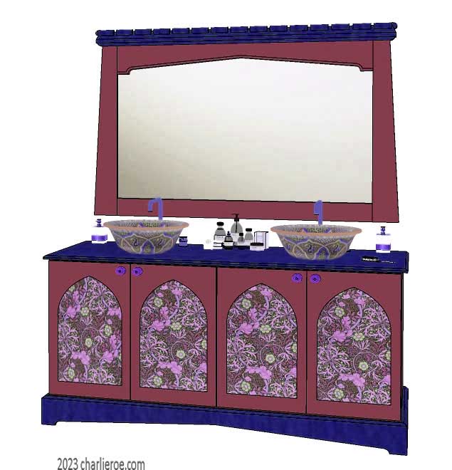 New Wm William Morris Arts & Crafts Movement style painted & wood bathroom 4 door vanity unit & wall mirror