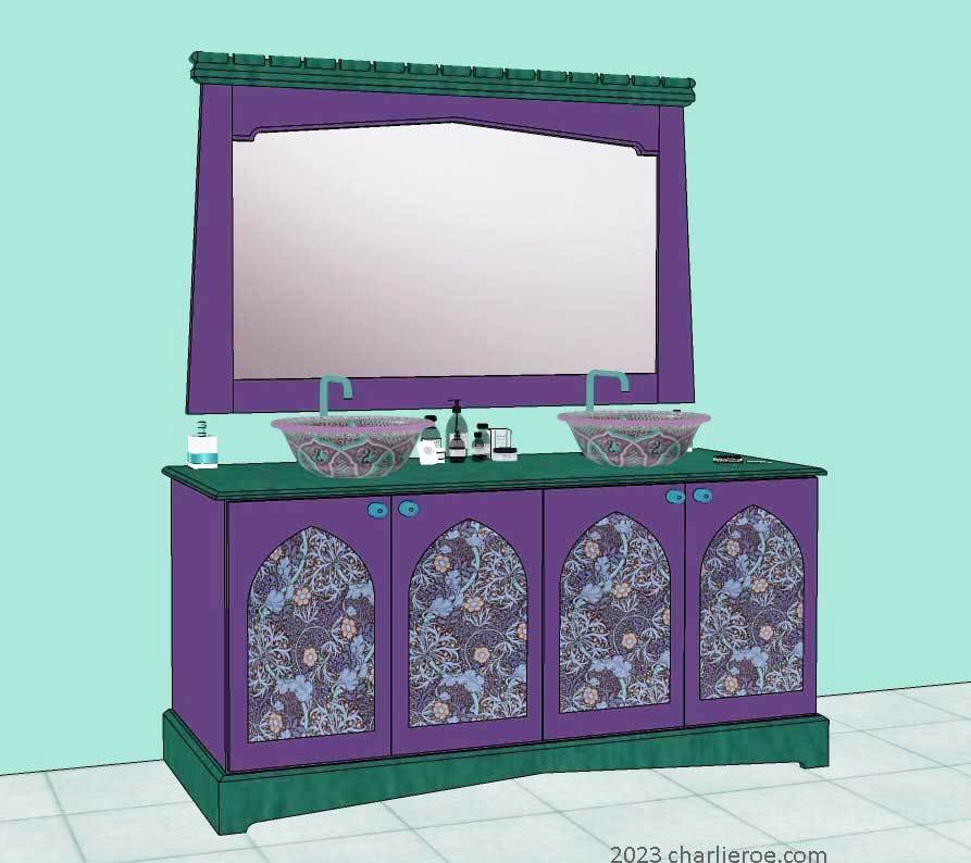 New Wm William Morris Arts & Crafts Movement style painted & wood bathroom 4 door vanity unit & wall mirror