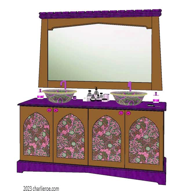 New Wm William Morris Arts & Crafts Movement style painted & wood bathroom 4 door vanity unit & wall mirror