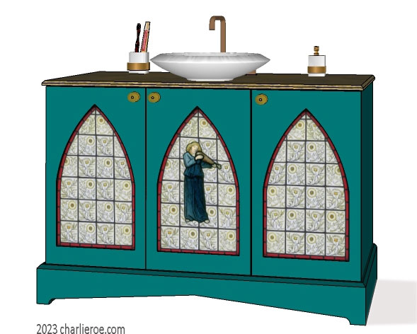New Wm William Morris Arts & Crafts Movement style painted & wood bathroom 3 door vanity unit