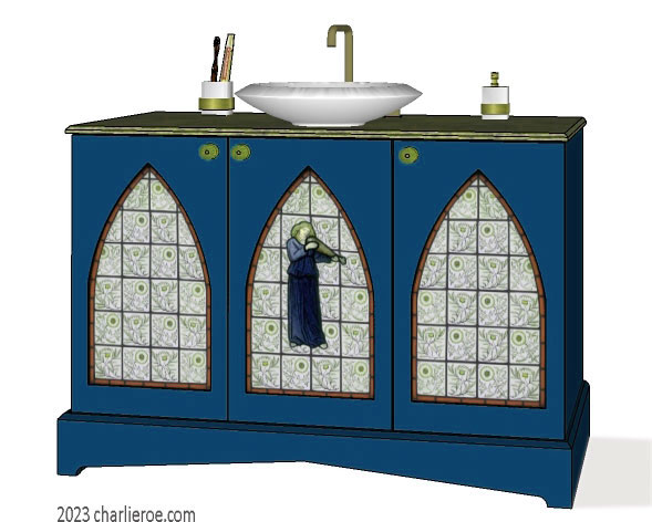 New Wm William Morris Arts & Crafts Movement style painted & wood bathroom 3 door vanity unit