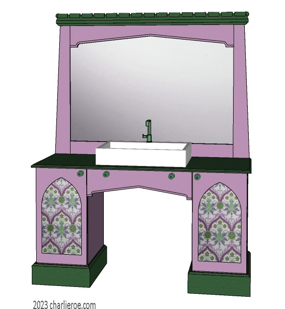 New Wm William Morris Arts & Crafts Movement style painted & wood bathroom 2 door vanity unit & wall mirror