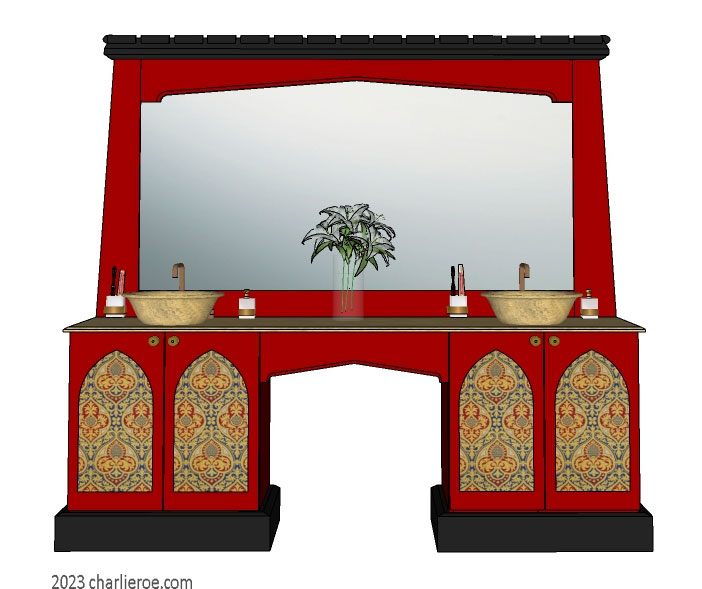 New Wm William Morris Arts & Crafts Movement style painted & wood bathroom 4 door vanity unit & wall mirror