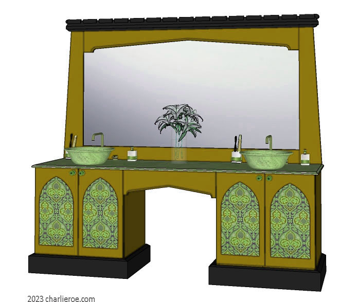 New Wm William Morris Arts & Crafts Movement style painted & wood bathroom 4 door vanity unit & wall mirror