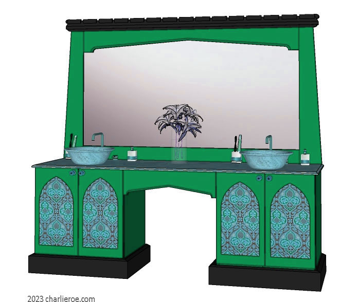 New Wm William Morris Arts & Crafts Movement style painted & wood bathroom 4 door vanity unit & wall mirror