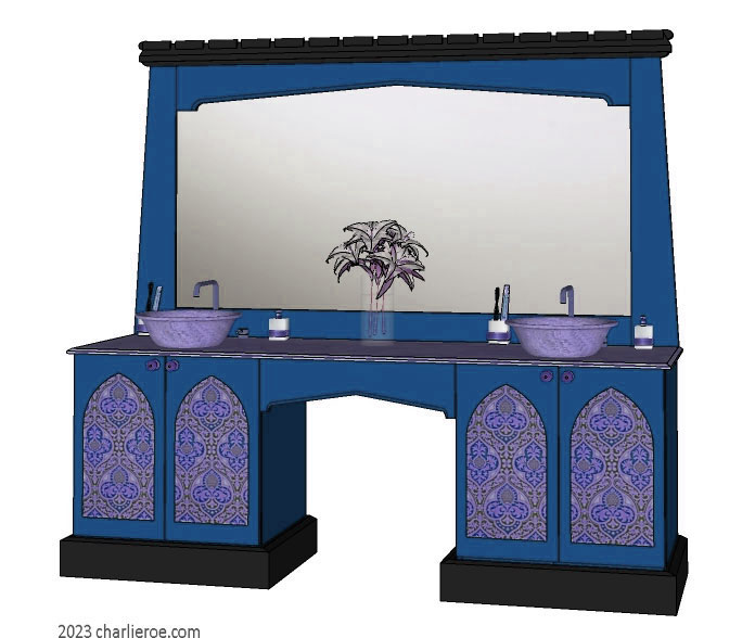 New Wm William Morris Arts & Crafts Movement style painted & wood bathroom 4 door vanity unit & wall mirror