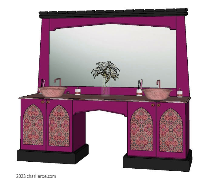 New Wm William Morris Arts & Crafts Movement style painted & wood bathroom 4 door vanity unit & wall mirror