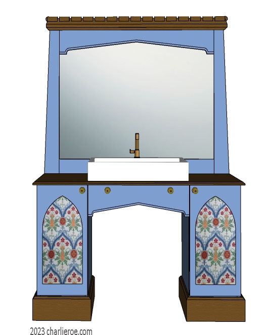 New Wm William Morris Arts & Crafts Movement style painted & wood bathroom 2 door vanity unit & matching wall mirror