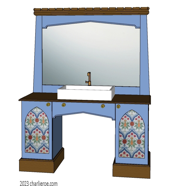 New Wm William Morris Arts & Crafts Movement style painted & wood bathroom 2 door vanity unit & matching wall mirror