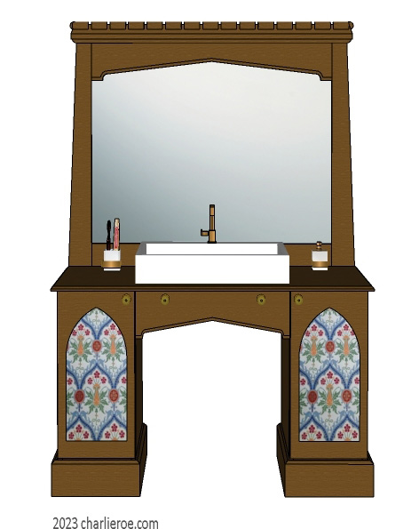 New Wm William Morris Arts & Crafts Movement style painted & wood bathroom 2 door vanity unit & wall mirror