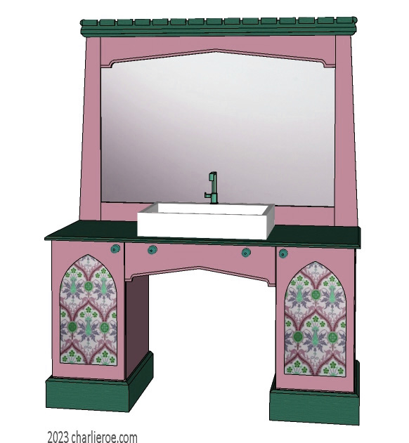 New Wm William Morris Arts & Crafts Movement style painted & wood bathroom 2 door vanity unit & wall mirror