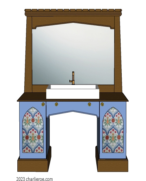 New Wm William Morris Arts & Crafts Movement style painted & wood bathroom 2 door vanity unit & wall mirror