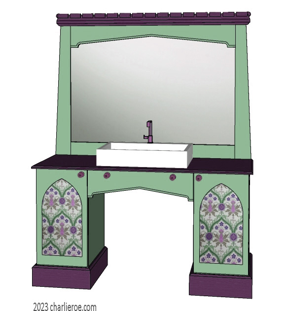 New Wm William Morris Arts & Crafts Movement style painted & wood bathroom 2 door vanity unit & wall mirror