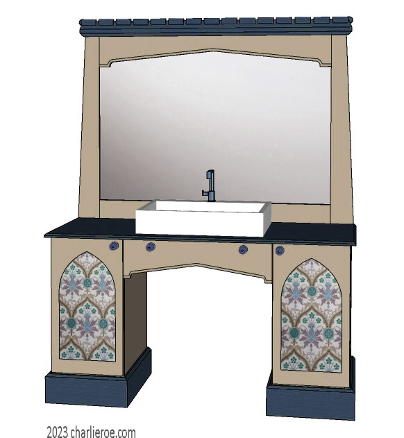 New Wm William Morris Arts & Crafts Movement style painted & wood bathroom 2 door vanity unit & wall mirror