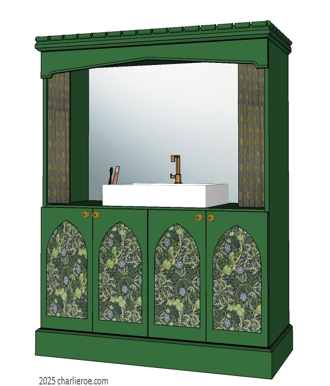 New Wm William Morris Arts & Crafts Movement style large green painted bathroom 4 door vanity unit