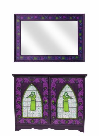 Wm Morris Arts & Crafts Movement painted bathroom 2 door vanity unit & wall mirror