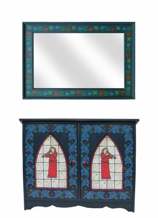 Wm Morris Arts & Crafts Movement painted bathroom 2 door vanity unit & wall mirror