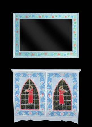 Wm Morris Arts & Crafts Movement painted bathroom 2 door vanity unit & wall mirror